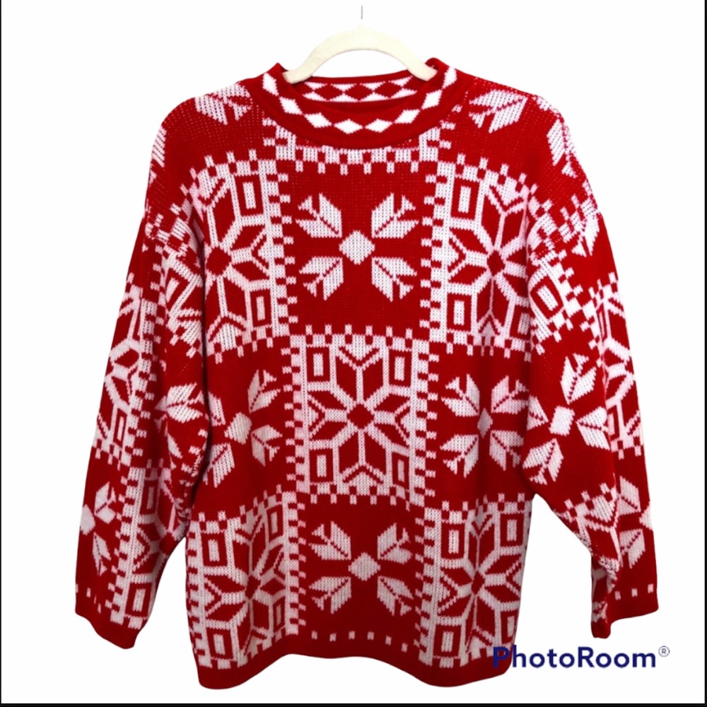 VINTAGE Red & White Snowflake Christmas Novelty Checkered Sweater M